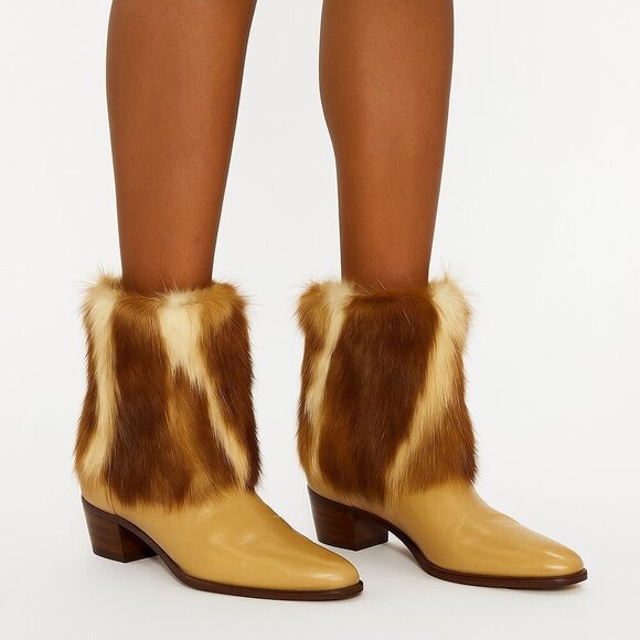 Fendi Shoes - Fendi Women's Ankle Boots Beige Brown Leather & Fur Trim Side Zipper  Size 10